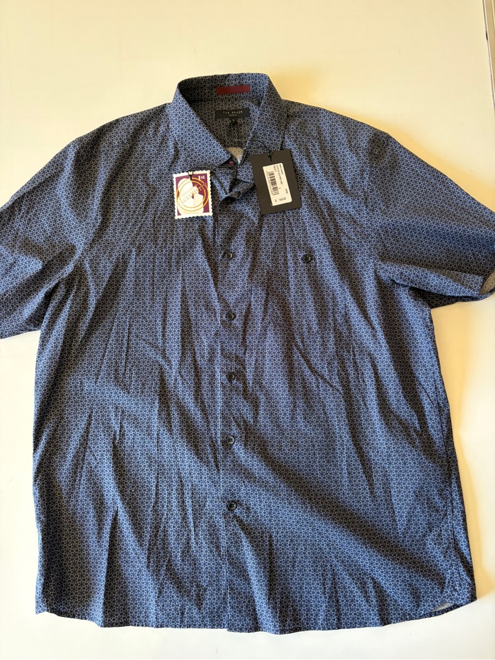 NEW Ted Baker London navy white print dot short sleeve button up mens size 6/XL